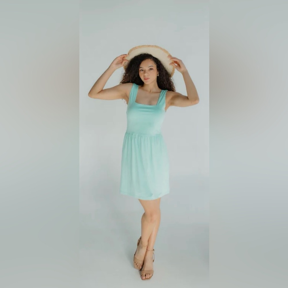 Savrae Women’s Baby Blue Savannah Square Neck Mini Dress Pockets Sleeveless